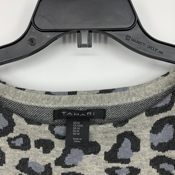 Tahari Sweater Gray Black Leopard Print 3/4 Sleeve Knit Stretch - Picture 2 of 9